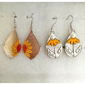 Sunflower Drop Earrings Lot • 2 Pairs Silver Tone Boho Floral Dangle Set
